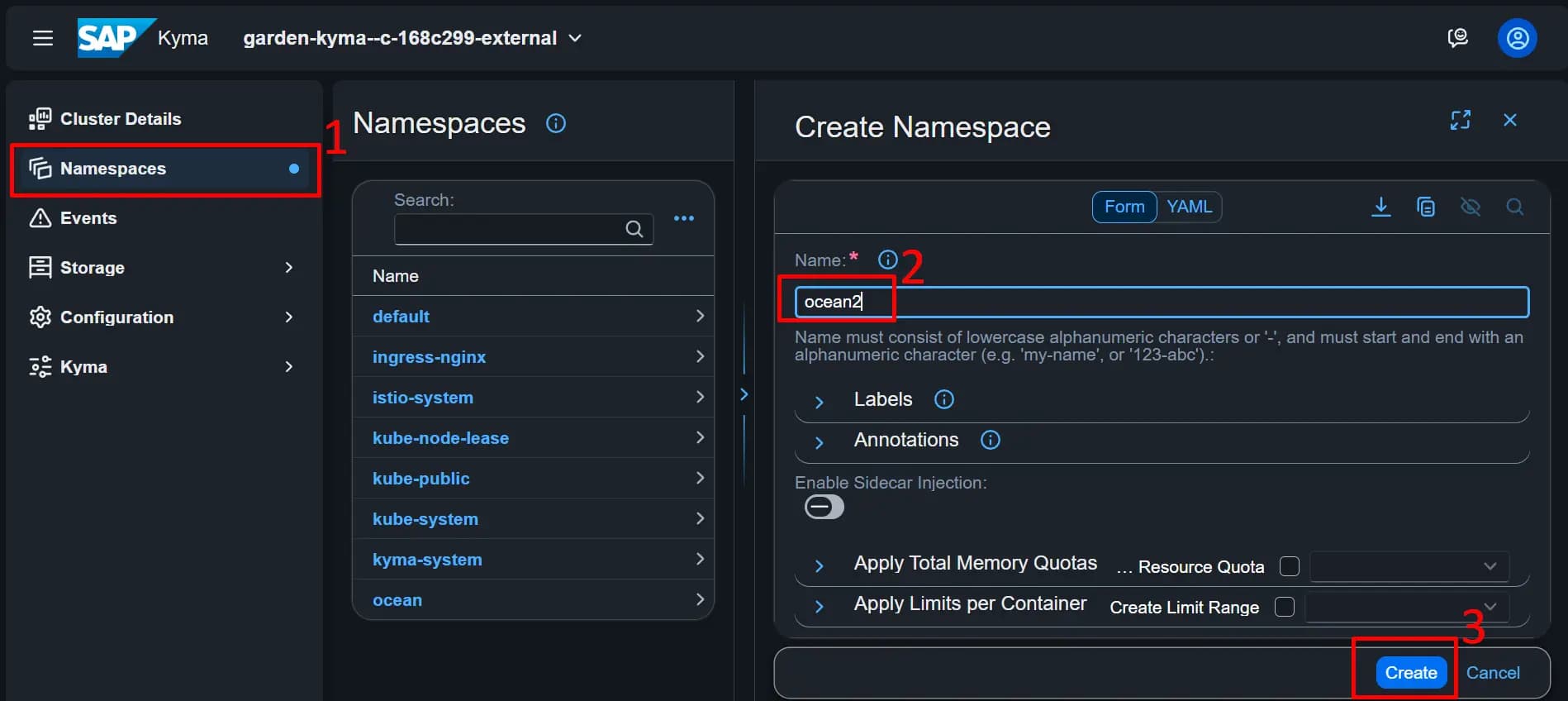 Kyma Dashboard - Create Namespace